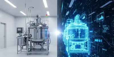 Concept illustration of a bioreactor and its digital twin